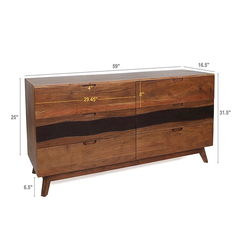 Six Drawer Acacia Wood Sideboard Natural Brown Live Edge Storage Cabinet