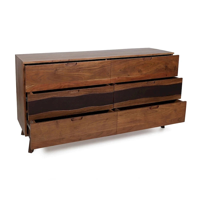 Six Drawer Acacia Wood Sideboard Natural Brown Live Edge Storage Cabinet