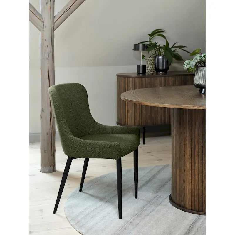 Boucle Dining Chair Upholstered Scoop Back Black Steel Legs Deep Grey Cream Forest Green