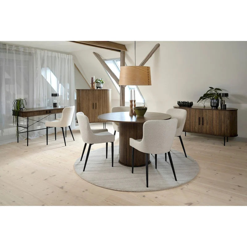 Boucle Dining Chair Upholstered Scoop Back Black Steel Legs Deep Grey Cream Forest Green