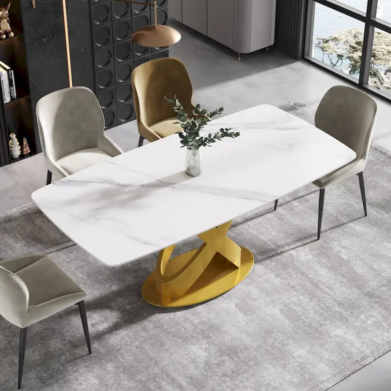 Sintered Stone Dining Table Gold Pedestal Base Antique White Modern