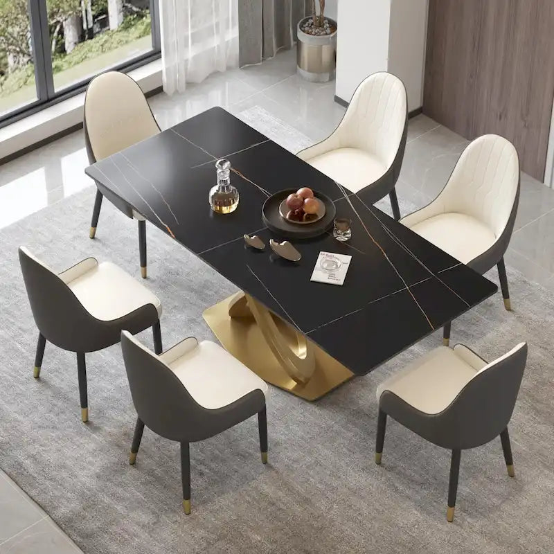 Sintered Stone Dining Table Gold Pedestal Base Antique White Modern