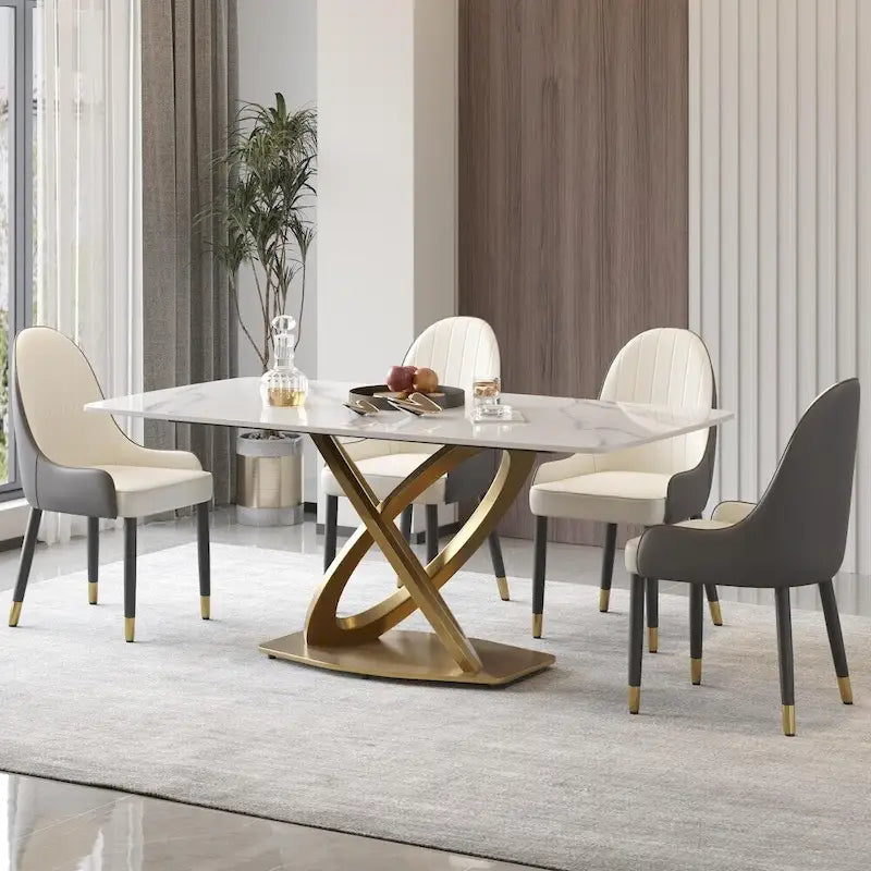 Sintered Stone Dining Table Gold Pedestal Base Antique White Modern