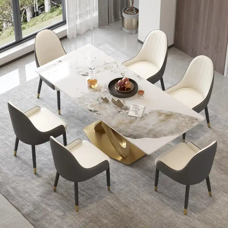 Sintered Stone Dining Table Gold Pedestal Base Antique White Modern