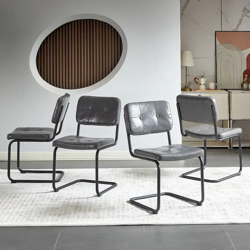 Tufted PU Leather Dining Chair with Black Metal Cantilever Base, Light Grey / Brown