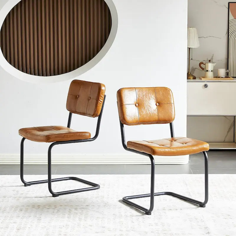 Tufted PU Leather Dining Chair with Black Metal Cantilever Base, Light Grey / Brown