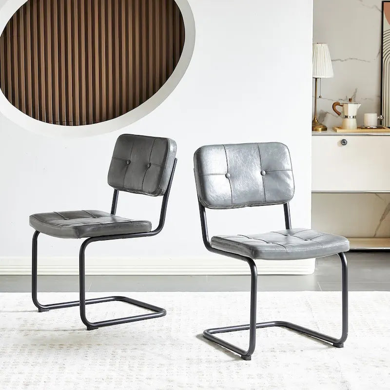Tufted PU Leather Dining Chair with Black Metal Cantilever Base, Light Grey / Brown