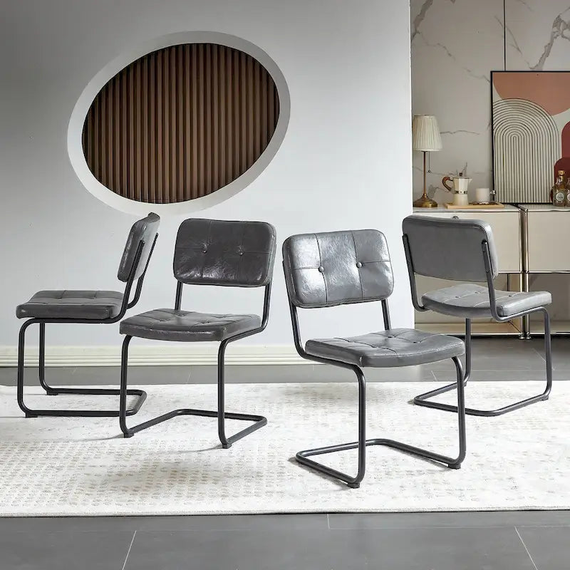 Tufted PU Leather Dining Chair with Black Metal Cantilever Base, Light Grey / Brown