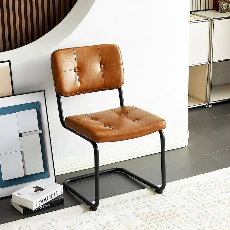 Tufted PU Leather Dining Chair with Black Metal Cantilever Base, Light Grey / Brown