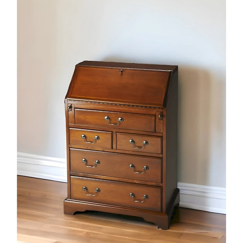 Brown Rubberwood Five-Drawer Secretary Desk with Drop-Front Writing Surface