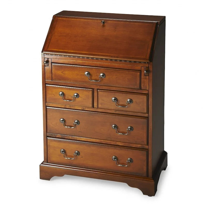 Brown Rubberwood Five-Drawer Secretary Desk with Drop-Front Writing Surface