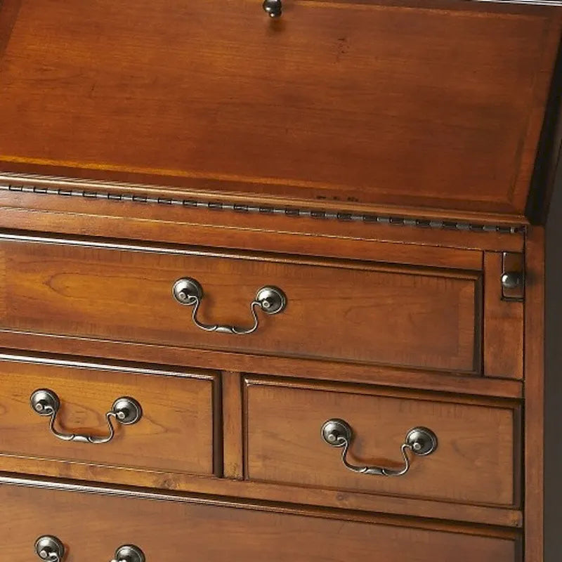 Brown Rubberwood Five-Drawer Secretary Desk with Drop-Front Writing Surface