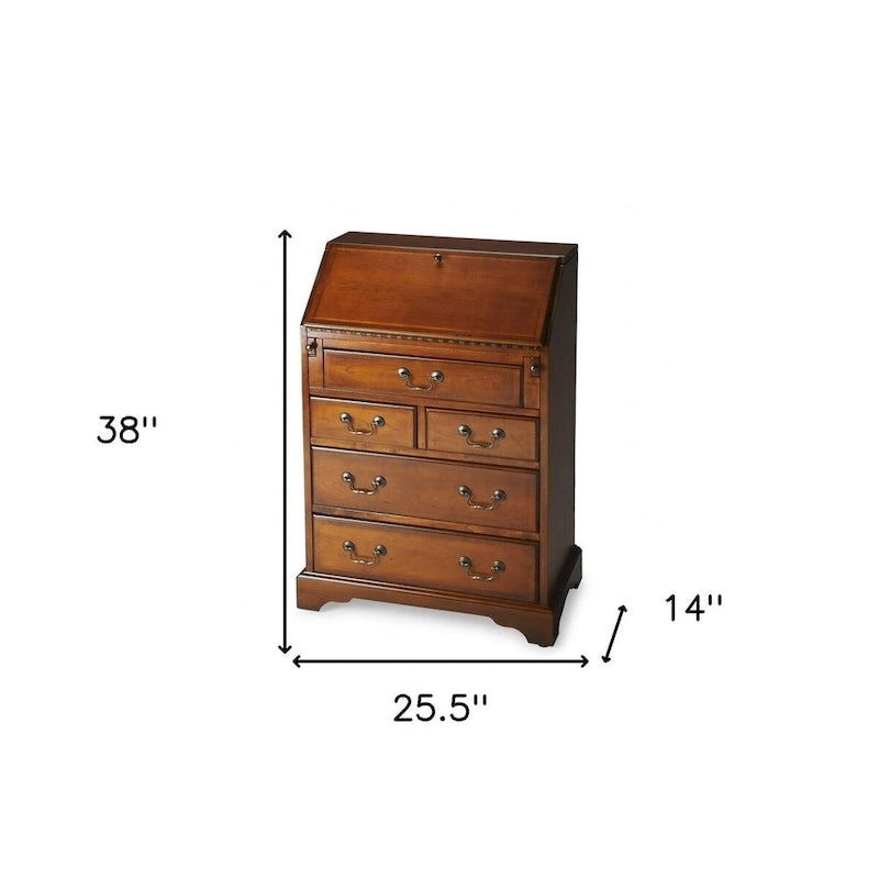Brown Rubberwood Five-Drawer Secretary Desk with Drop-Front Writing Surface