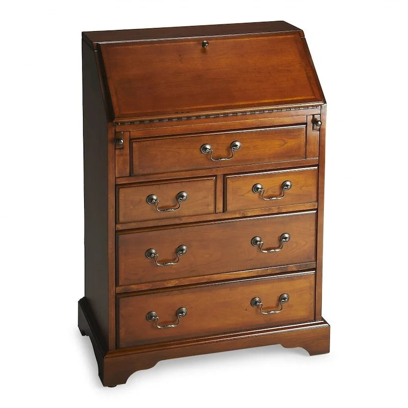 Brown Rubberwood Five-Drawer Secretary Desk with Drop-Front Writing Surface