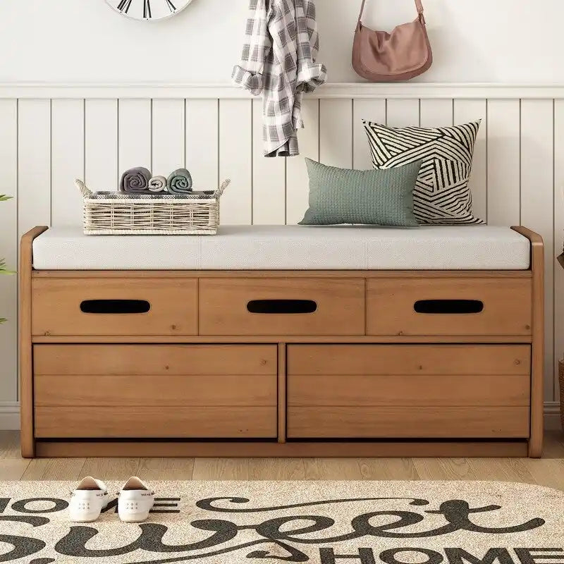 Rustic Entryway Storage Bench with Cushion and Pull-Out Drawers