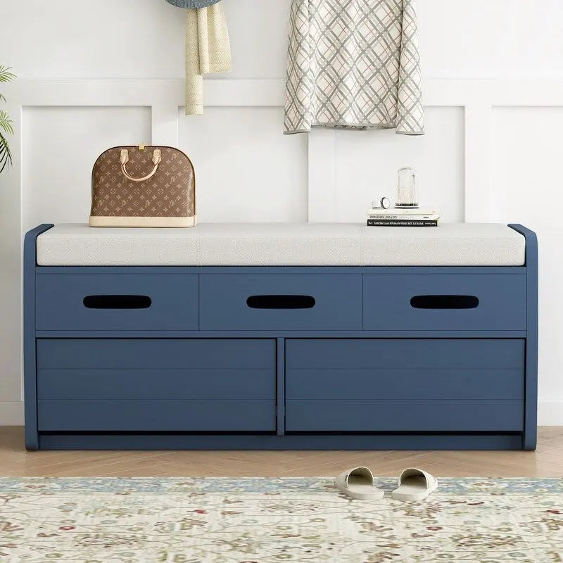 Rustic Entryway Storage Bench with Cushion and Pull-Out Drawers