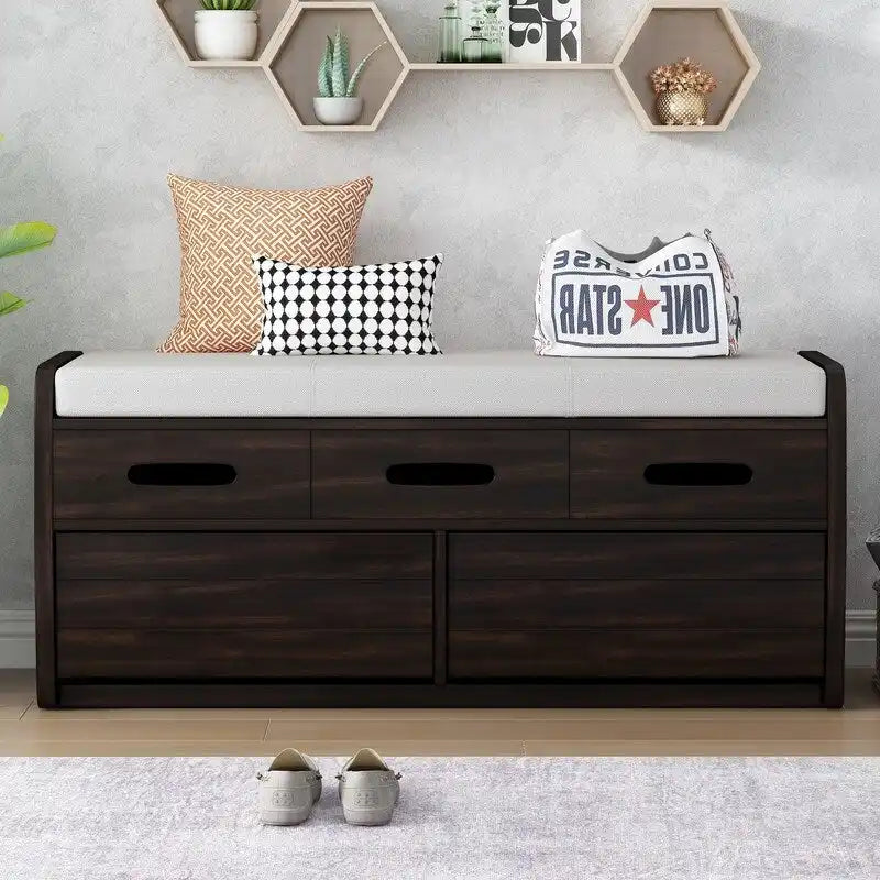 Rustic Entryway Storage Bench with Cushion and Pull-Out Drawers