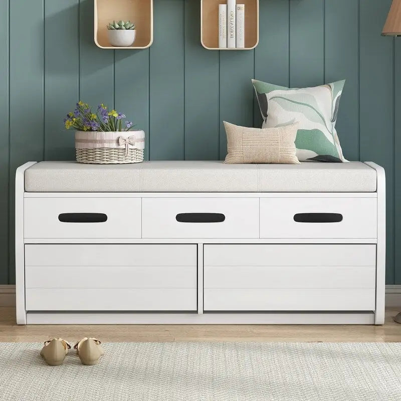 Rustic Entryway Storage Bench with Cushion and Pull-Out Drawers