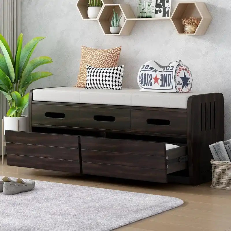 Rustic Entryway Storage Bench with Cushion and Pull-Out Drawers