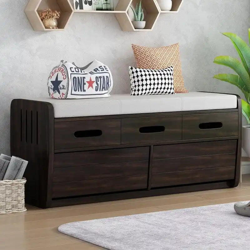 Rustic Entryway Storage Bench with Cushion and Pull-Out Drawers