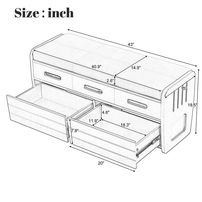 Rustic Entryway Storage Bench with Cushion and Pull-Out Drawers