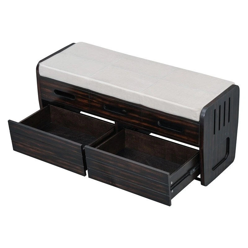 Rustic Entryway Storage Bench with Cushion and Pull-Out Drawers