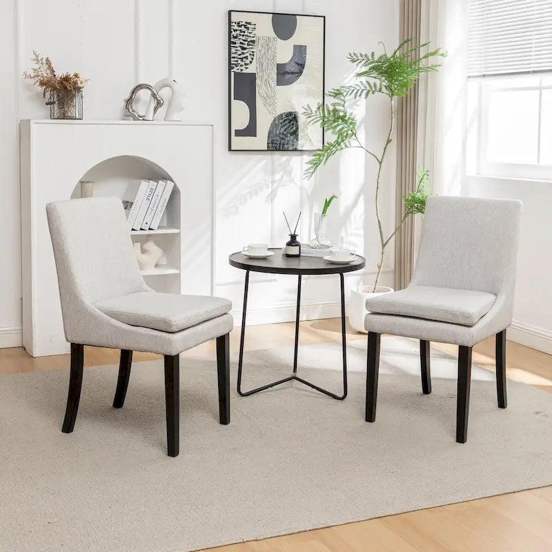 Upholstered Dining Chair Solid Wood Legs Tufted Linen Fabric Light Gray