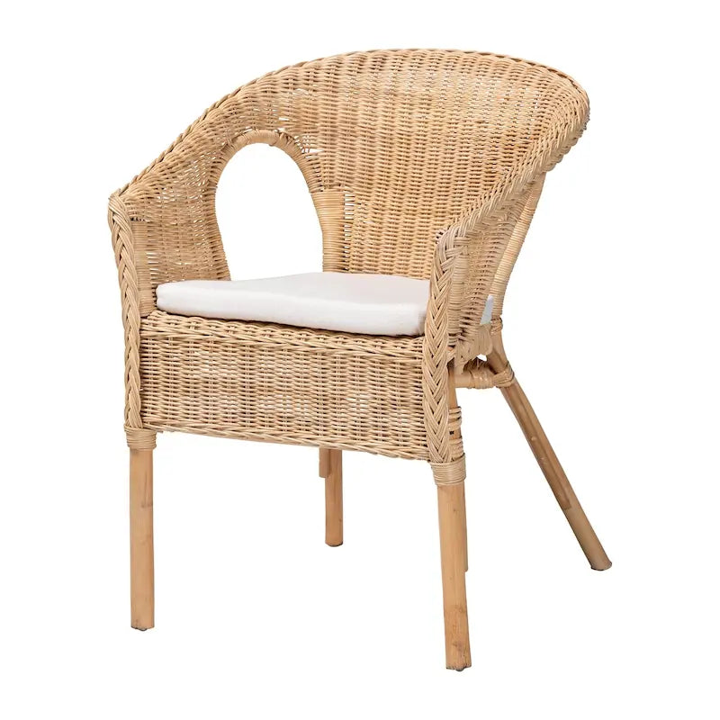 Natural Rattan Bohemian Dining Chair with Cushion and Curved Armrests