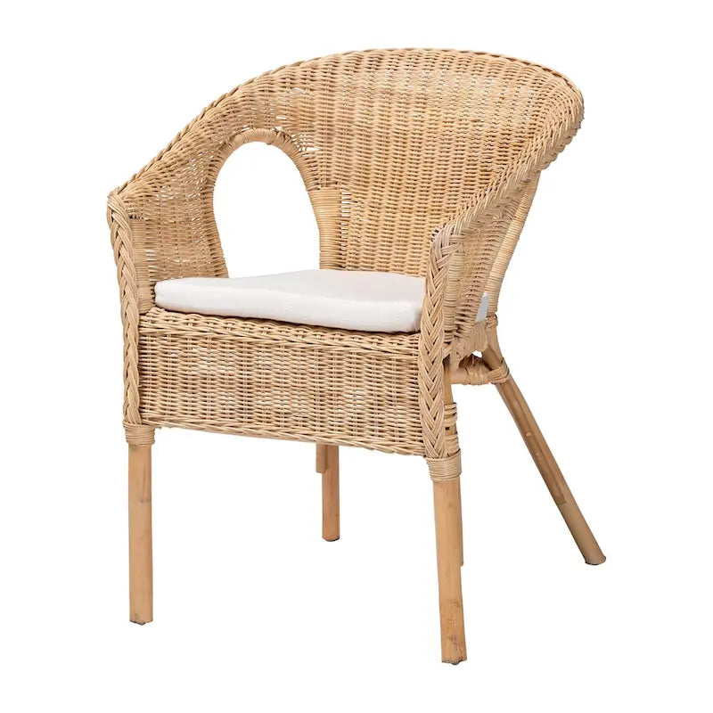 Natural Rattan Bohemian Dining Chair with Cushion and Curved Armrests