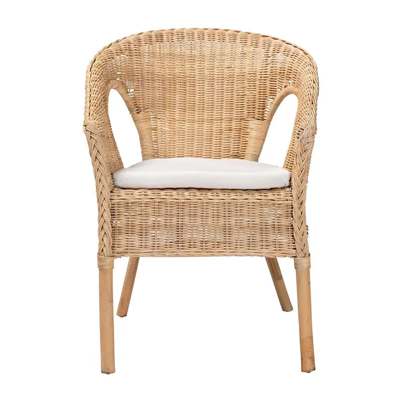 Natural Rattan Bohemian Dining Chair with Cushion and Curved Armrests