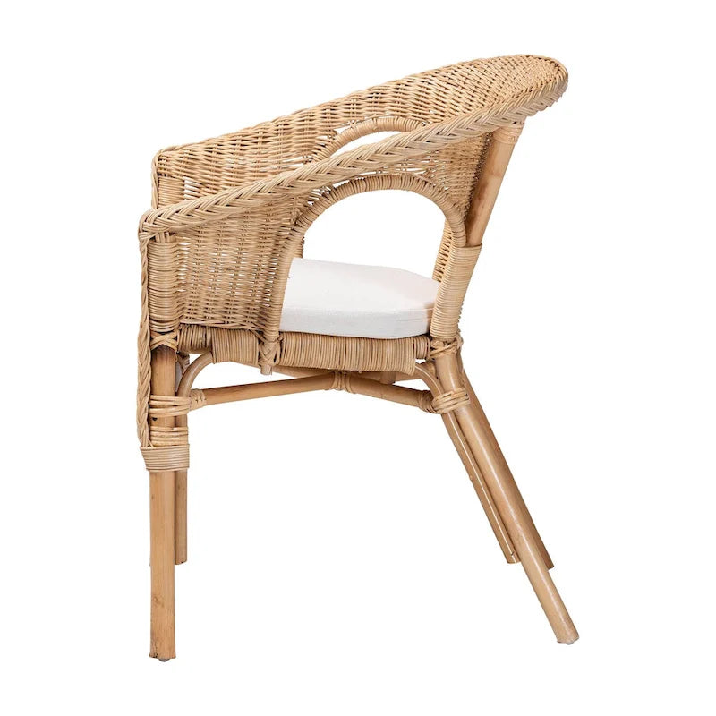 Natural Rattan Bohemian Dining Chair with Cushion and Curved Armrests