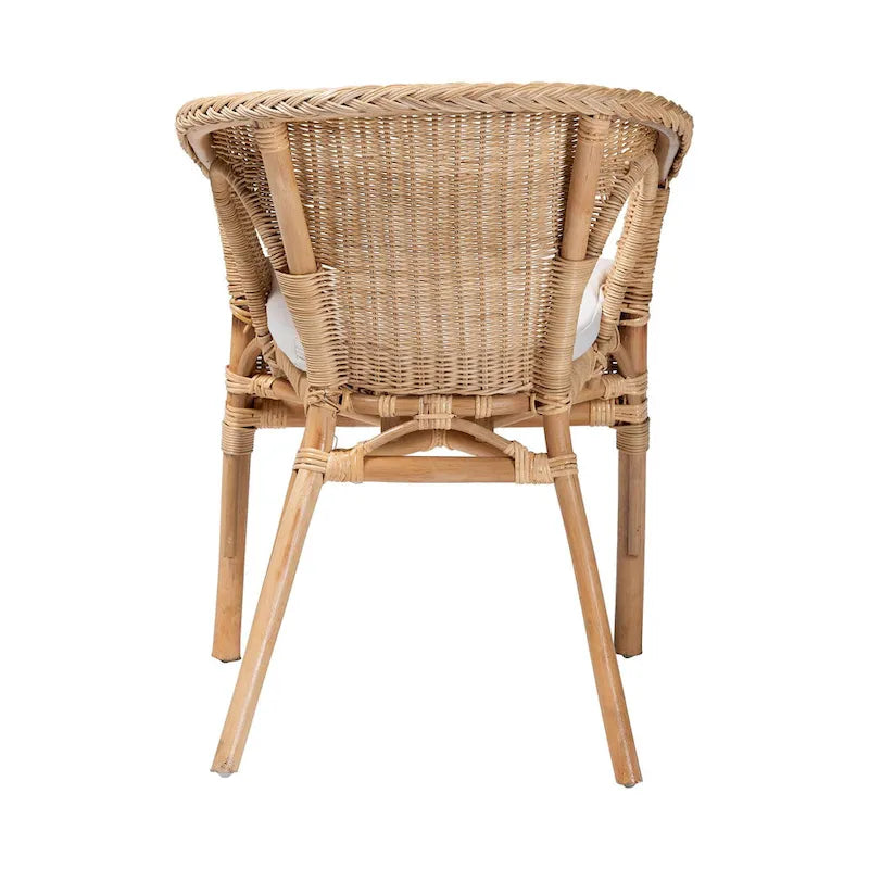 Natural Rattan Bohemian Dining Chair with Cushion and Curved Armrests