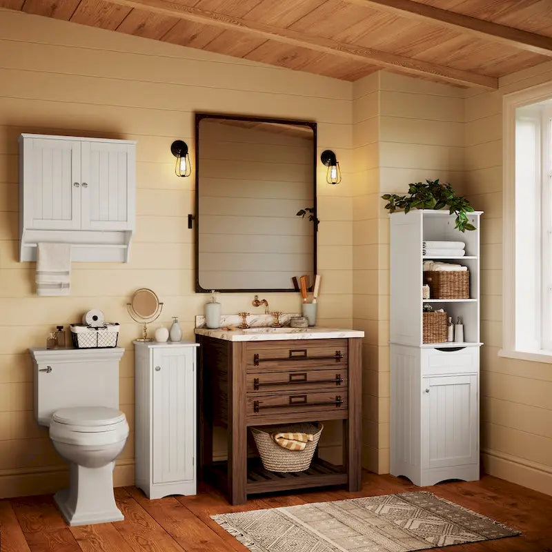 Slim Single Door Bathroom Floor Storage Cabinet with Adjustable Shelves White Painted