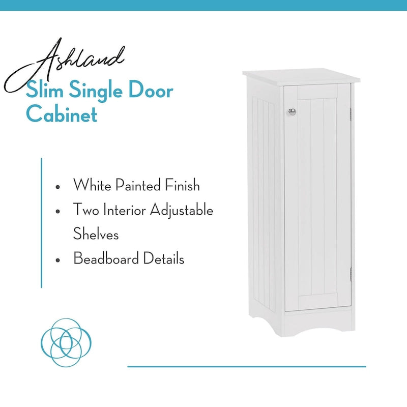 Slim Single Door Bathroom Floor Storage Cabinet with Adjustable Shelves White Painted