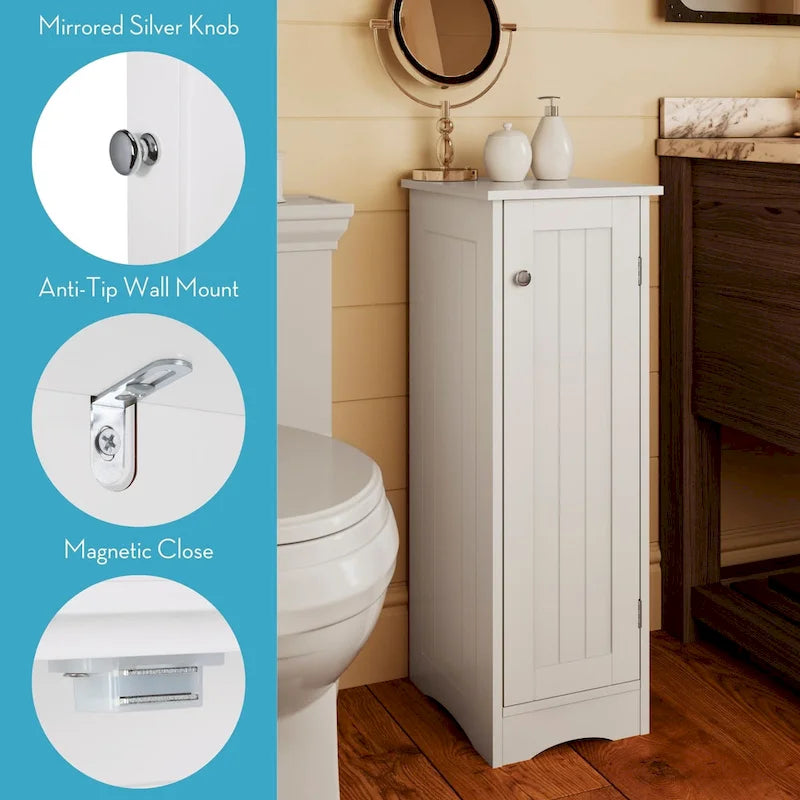 Slim Single Door Bathroom Floor Storage Cabinet with Adjustable Shelves White Painted