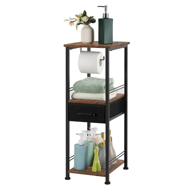 3-Tier Freestanding Bathroom Storage Cabinet with Toilet Paper Holder and Sliding Drawer, Rustic Brown