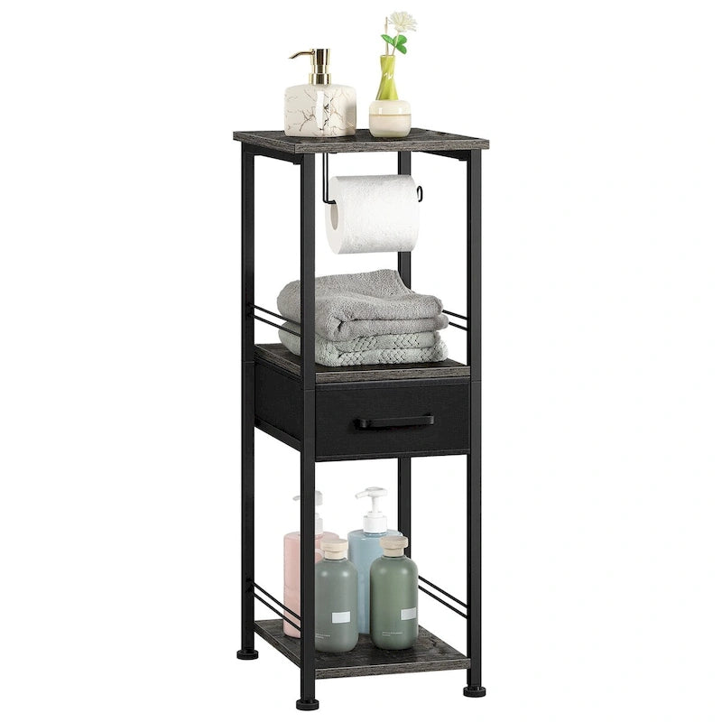 3-Tier Freestanding Bathroom Storage Cabinet with Toilet Paper Holder and Sliding Drawer, Rustic Brown