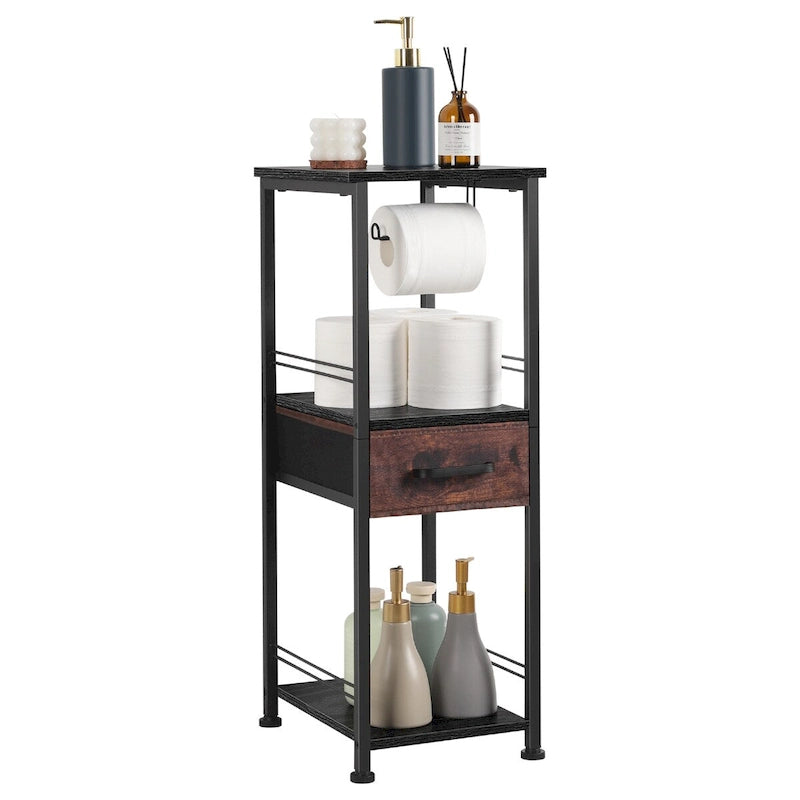 3-Tier Freestanding Bathroom Storage Cabinet with Toilet Paper Holder and Sliding Drawer, Rustic Brown