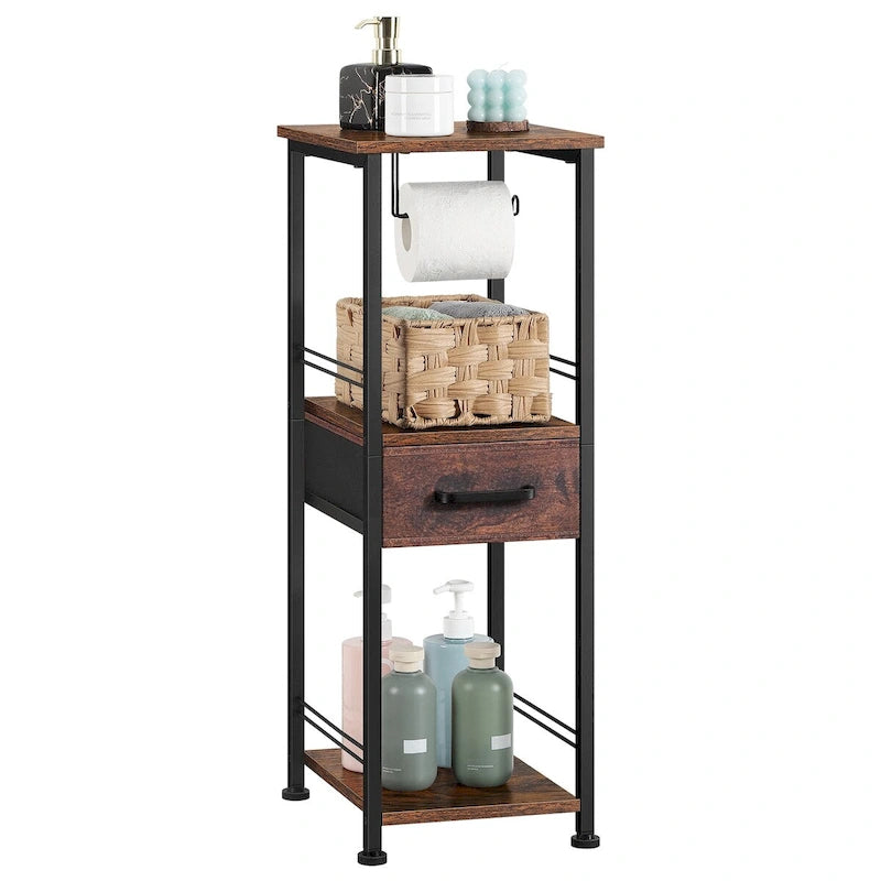 3-Tier Freestanding Bathroom Storage Cabinet with Toilet Paper Holder and Sliding Drawer, Rustic Brown