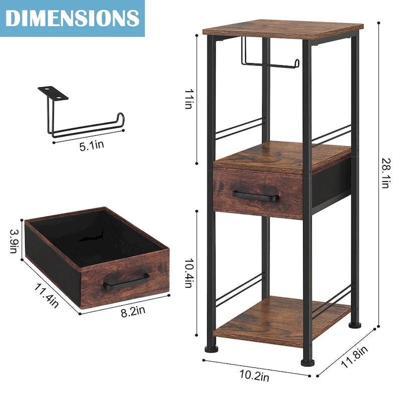 3-Tier Freestanding Bathroom Storage Cabinet with Toilet Paper Holder and Sliding Drawer, Rustic Brown