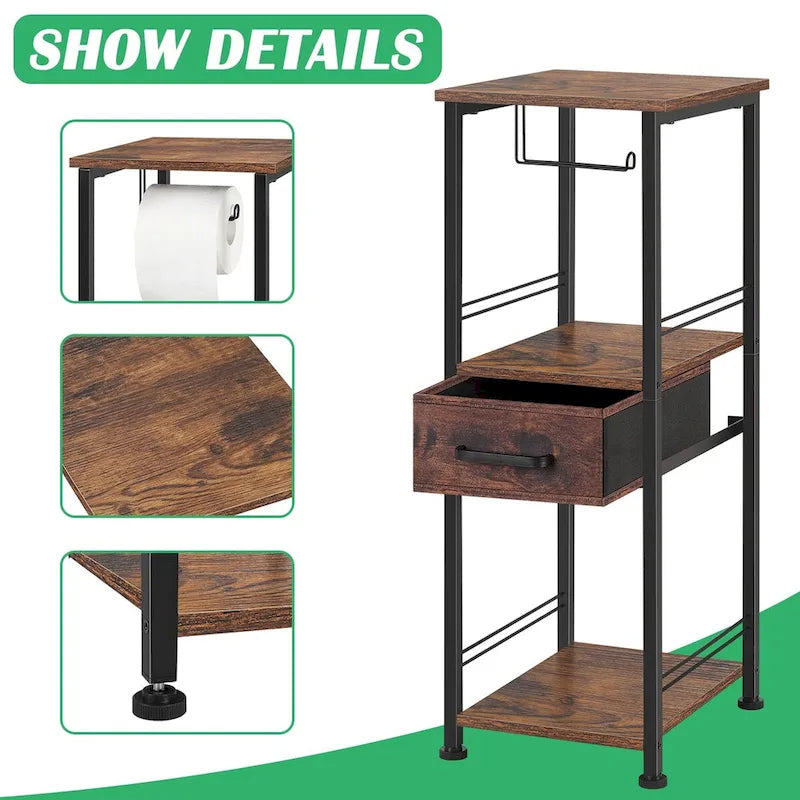 3-Tier Freestanding Bathroom Storage Cabinet with Toilet Paper Holder and Sliding Drawer, Rustic Brown