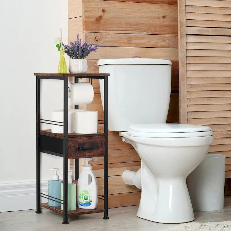 3-Tier Freestanding Bathroom Storage Cabinet with Toilet Paper Holder and Sliding Drawer, Rustic Brown