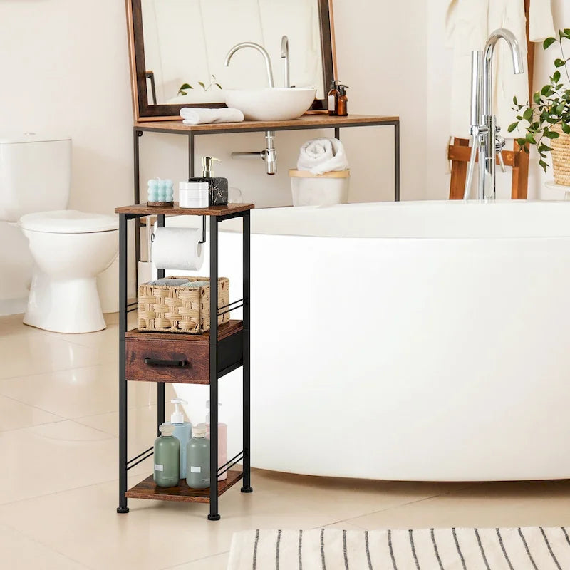 3-Tier Freestanding Bathroom Storage Cabinet with Toilet Paper Holder and Sliding Drawer, Rustic Brown