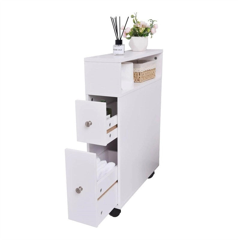 Slim Bathroom Storage Cabinet White Wood Finish Slide-Out Drawers