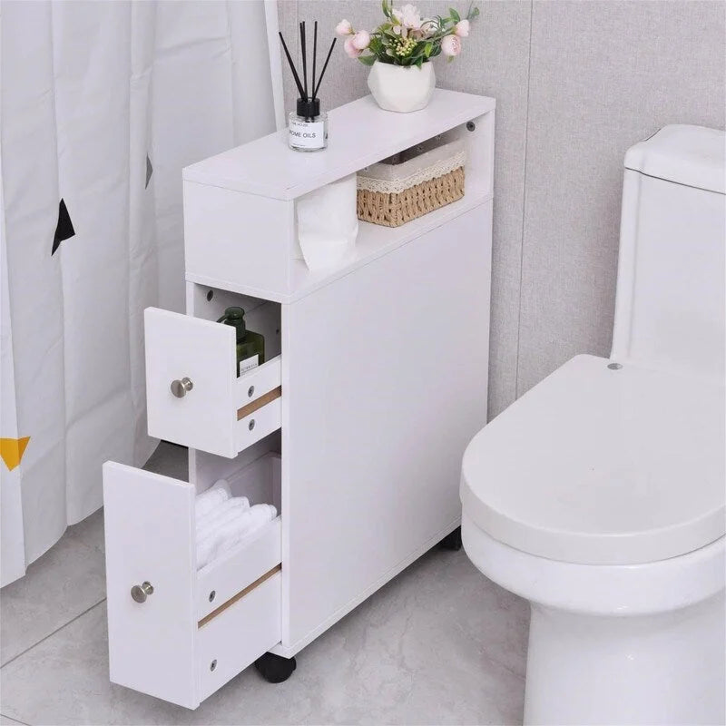 Slim Bathroom Storage Cabinet White Wood Finish Slide-Out Drawers