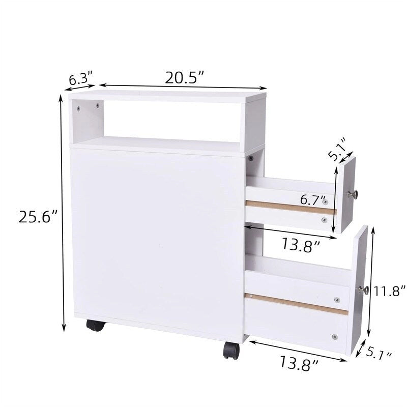 Slim Bathroom Storage Cabinet White Wood Finish Slide-Out Drawers