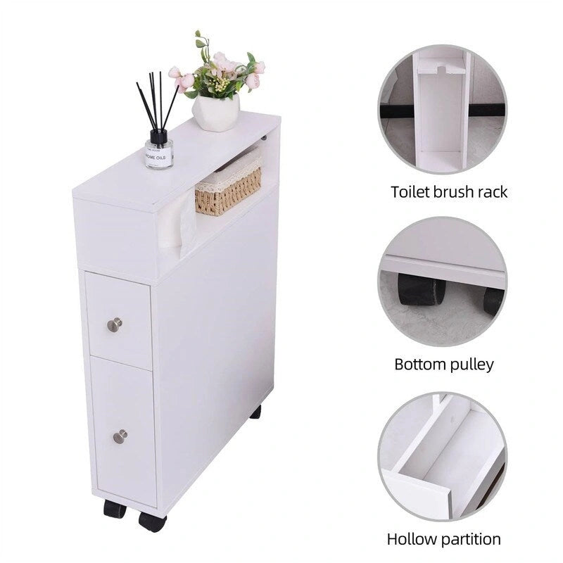 Slim Bathroom Storage Cabinet White Wood Finish Slide-Out Drawers