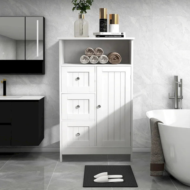 White Freestanding Bathroom Storage Linen Cabinet with Drawers and Doors