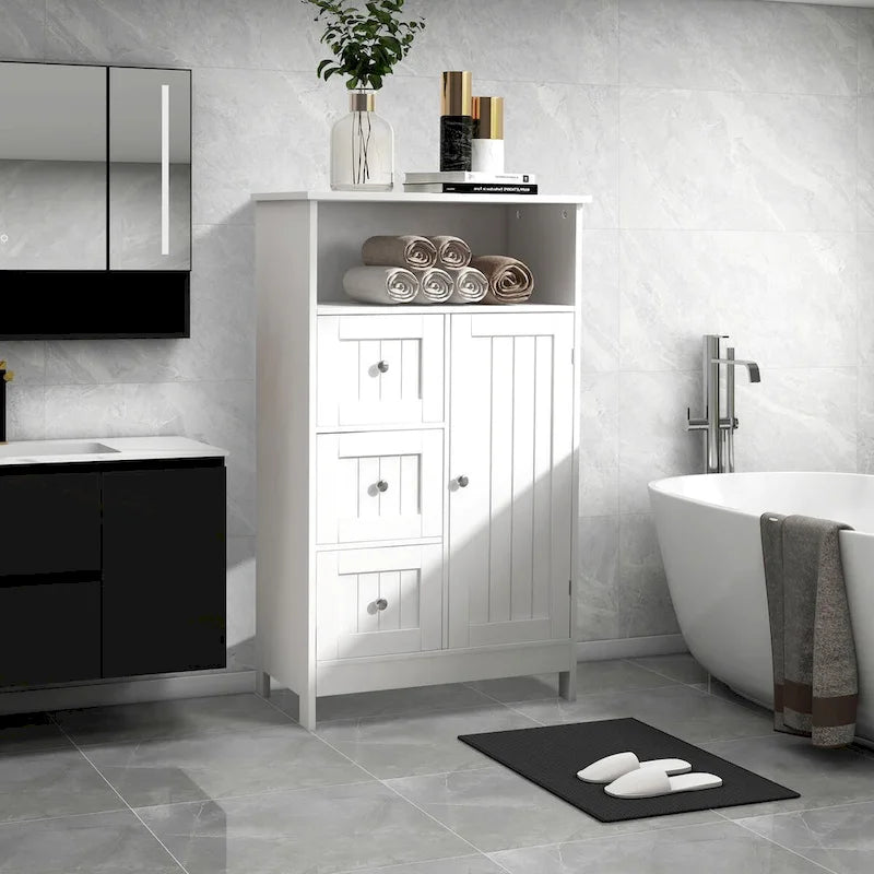 White Freestanding Bathroom Storage Linen Cabinet with Drawers and Doors