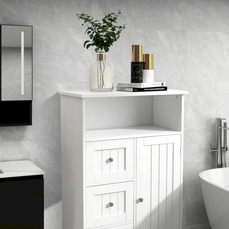 White Freestanding Bathroom Storage Linen Cabinet with Drawers and Doors
